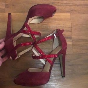 Maroon strappy peep toe platforms